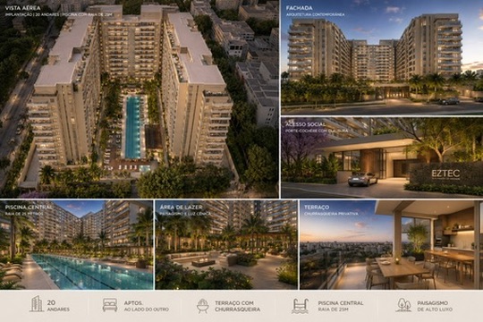 Painel preliminar com fachada, acesso, piscina, lazer e terraço